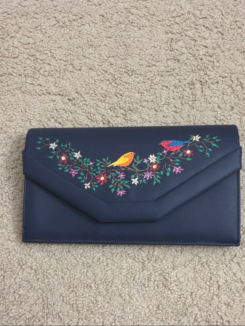 Navy Floral Bird Embroidered Envelope Clutch - Picture 1 of 6